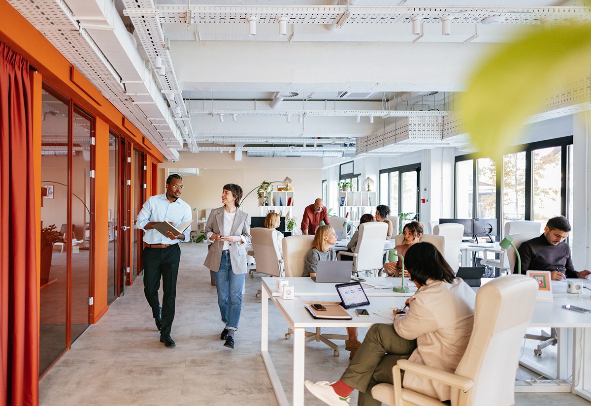 A bright, open workspace with plants and desks